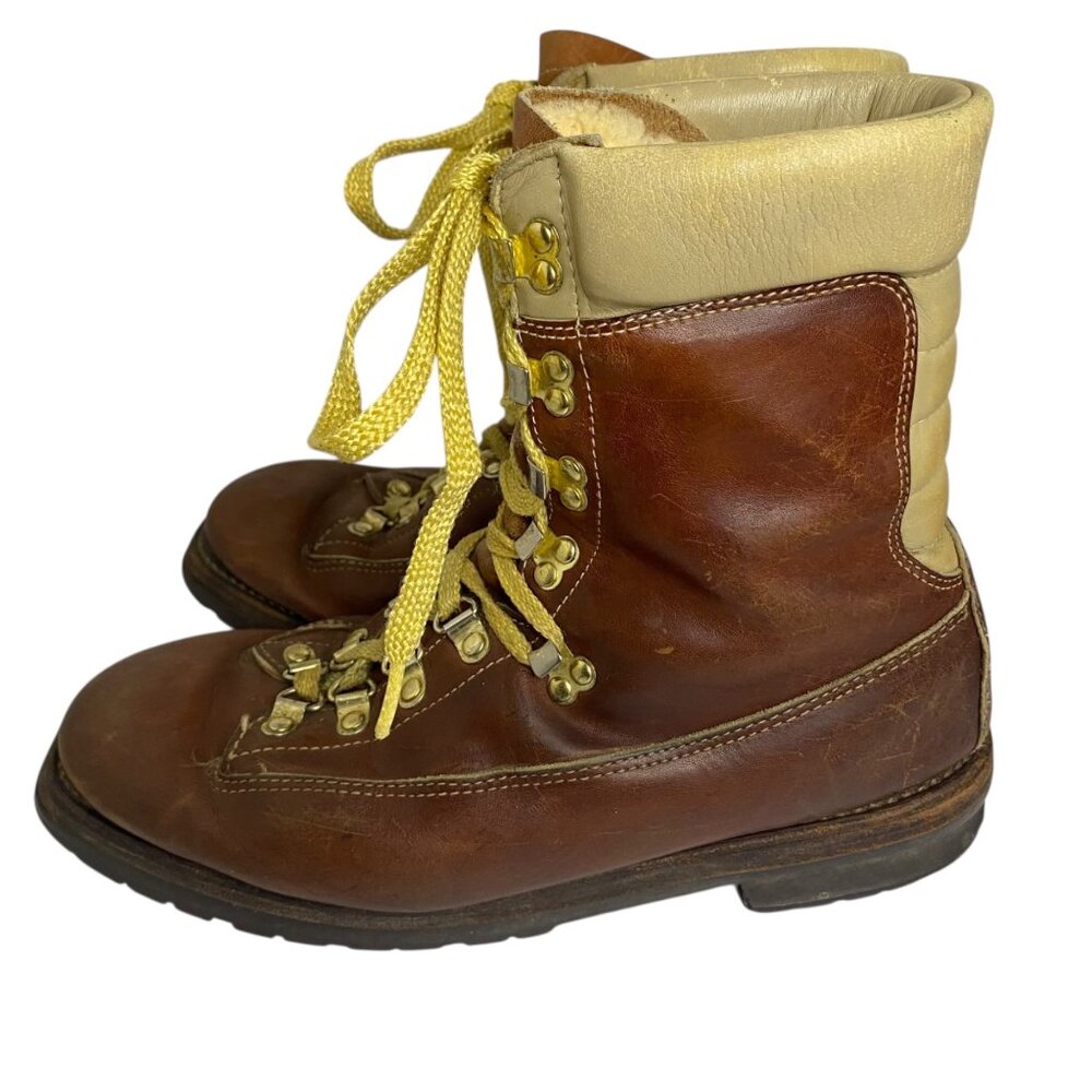 Vintage Genuine Sherpa Lined‎ Brown Leather Hiking Boots Lace Up Men 8.5EE